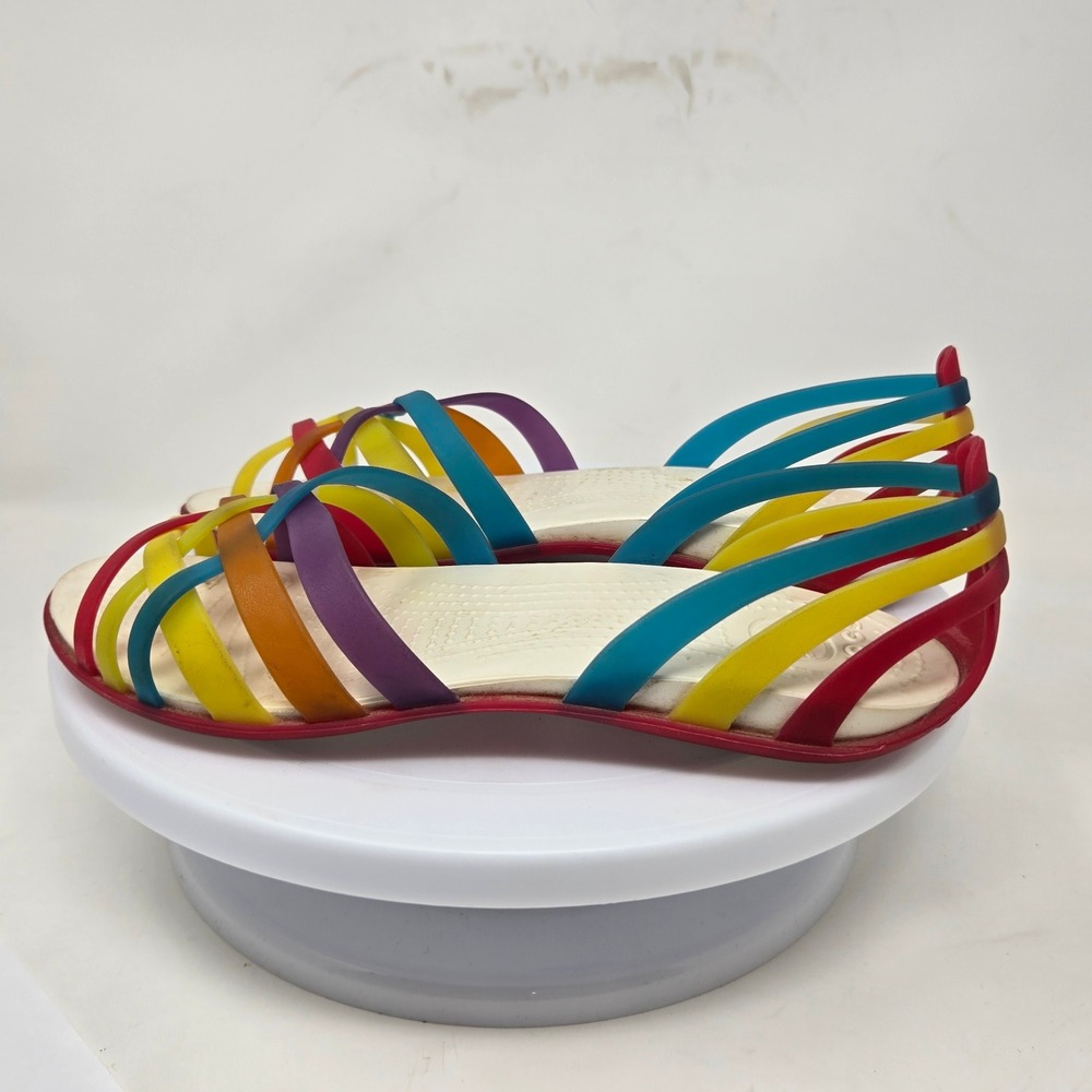 Crocs Huarache Multi Color Strappy Sandals Womens 6 White Rainbow Flats